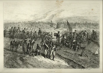 Druck von Soldaten, die an der Front hinter einer Barrikade warten. Drei Soldaten und ein afroamerikanischer Mann mit einem Maultier stehen und sitzen um ein Lagerfeuer, während eine Gruppe anderer Soldaten vorbeigeht.